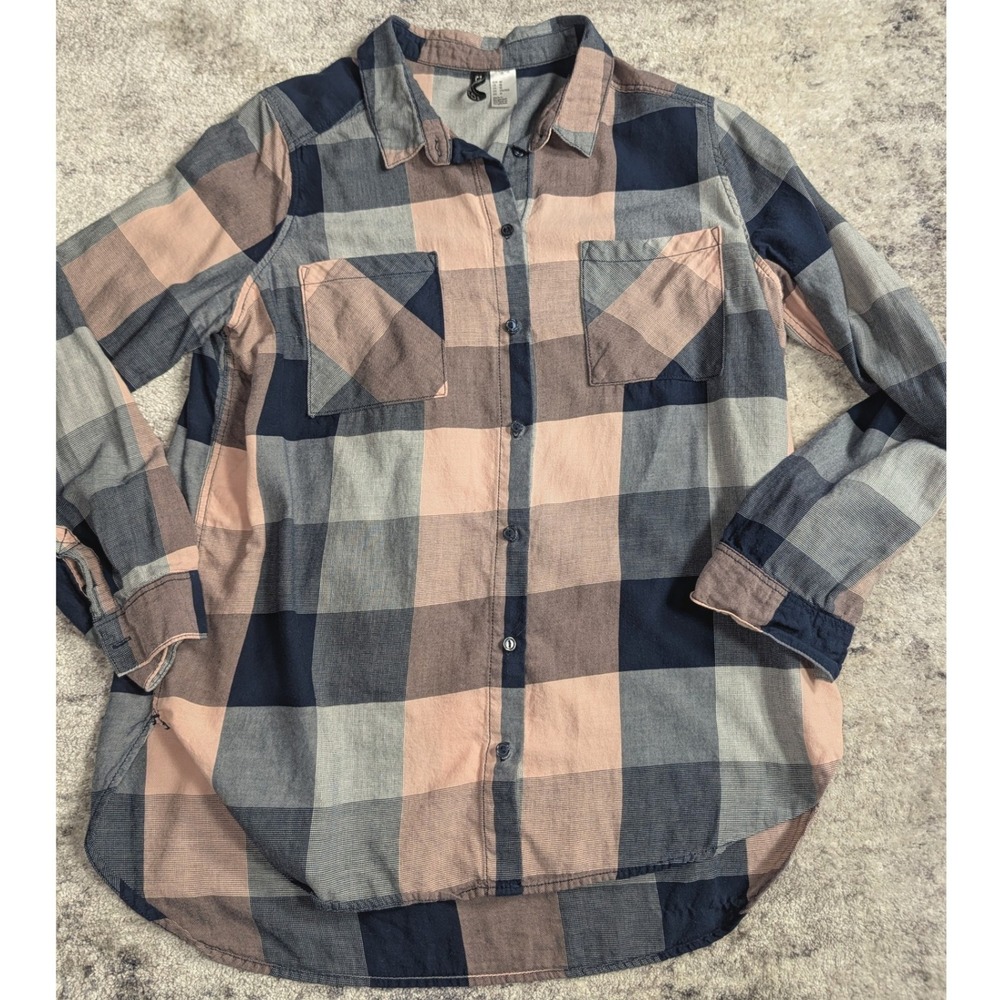 H&M Divided Pink Navy Plaid Button Down Shirt 10 Cotton Oversized Grunge Tunic - Picture 3 of 11